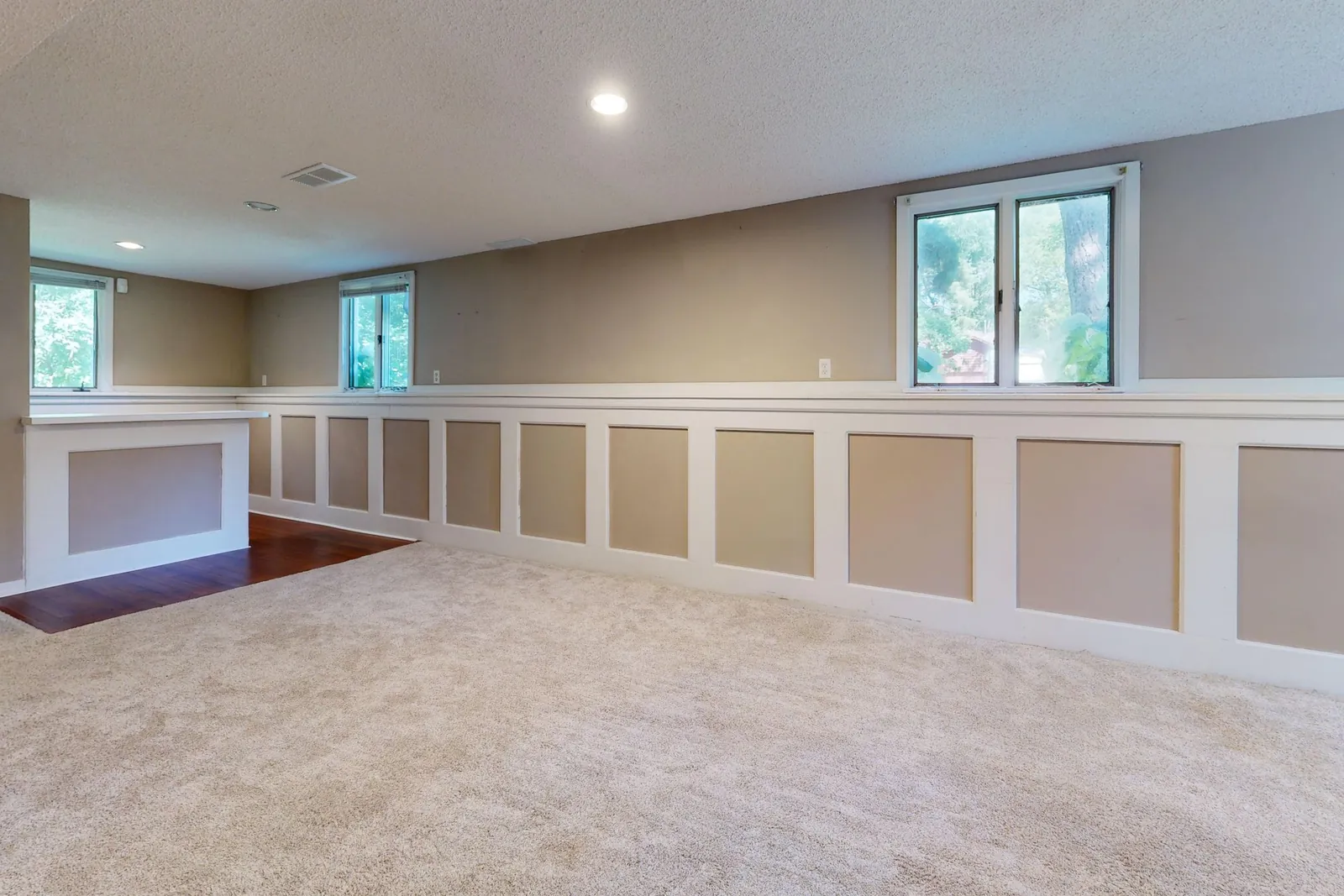 A dry, finished lower level with new carpet and wainscoting below daylight windows